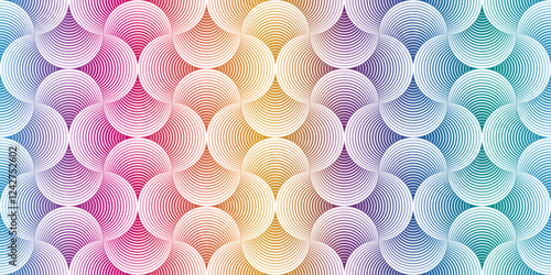 Vector seamless rainbow geometric pattern with striped shapes on a white background, For textiles, wallpaper and packaging