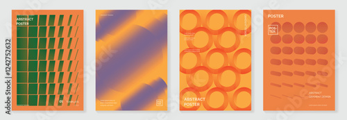 Collection of 70s color gradient poster background vector. Set of retro wall decoration, groovy, trippy, geometric shape. Vintage hippie wall art for interior, decorative, banner, cover, card.