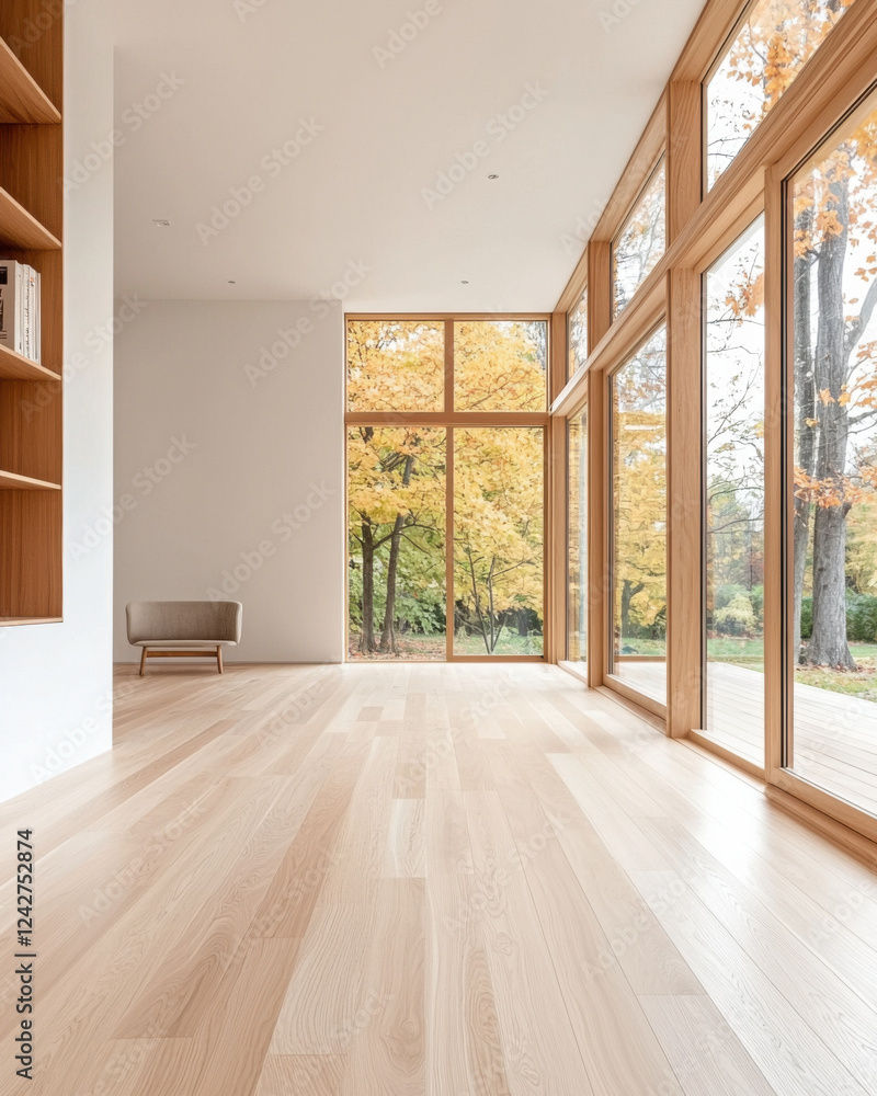 Fototapeta premium Minimalist interior with large windows showcasing autumn foliage