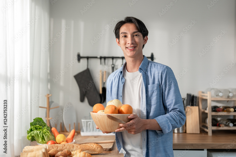 Portrait of Asian man holding a bowl of fruits in kitchen at home. Portrait of Asian man holding a bowl of fruits in kitchen at home.