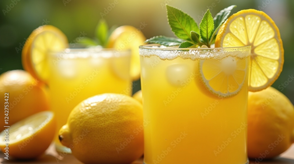 Fototapeta premium The image depicts a refreshing glass of lemonade accompanied by vibrant lemons.