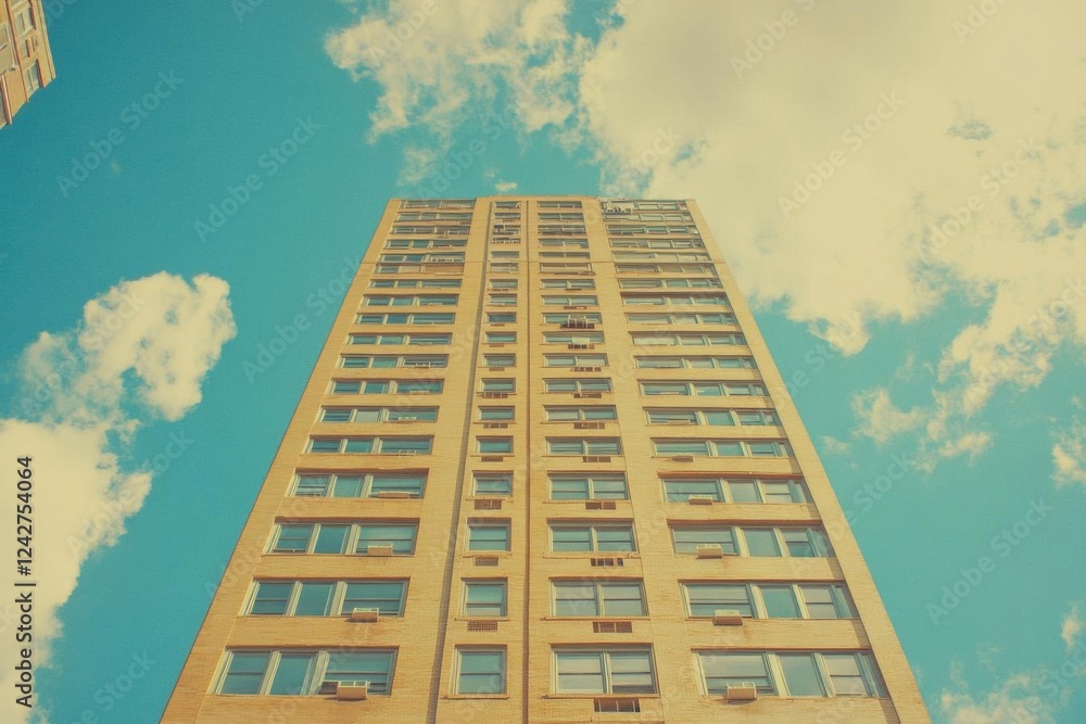 Tall Building Reaches for Sky with Clouds, Urban Architecture and City Living. Retro Aesthetic. Tall Building Reaches for Sky with Clouds, Urban Architecture and City Living. Retro Aesthetic.