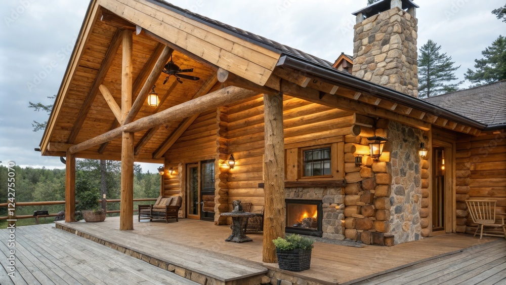 Wooden log cabin with a rustic exterior and a warm wooden interior, natural materials, cozy cabins, wood texture Wooden log cabin with a rustic exterior and a warm wooden interior, natural materials, cozy cabins, wood texture