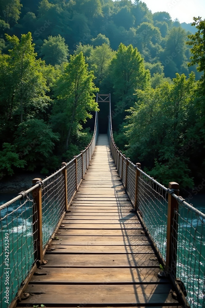 wooden planks on a suspension bridge crossing over the winding river, foliage, river wooden planks on a suspension bridge crossing over the winding river, foliage, river