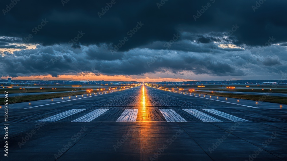 Obraz premium Runway to the Sunset: Dramatic Airport Runway at Dusk