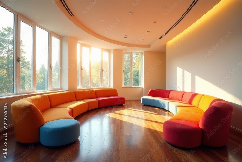 Fototapeta premium Modern sunlit interior featuring vibrant modular sofas arranged in a curved formation