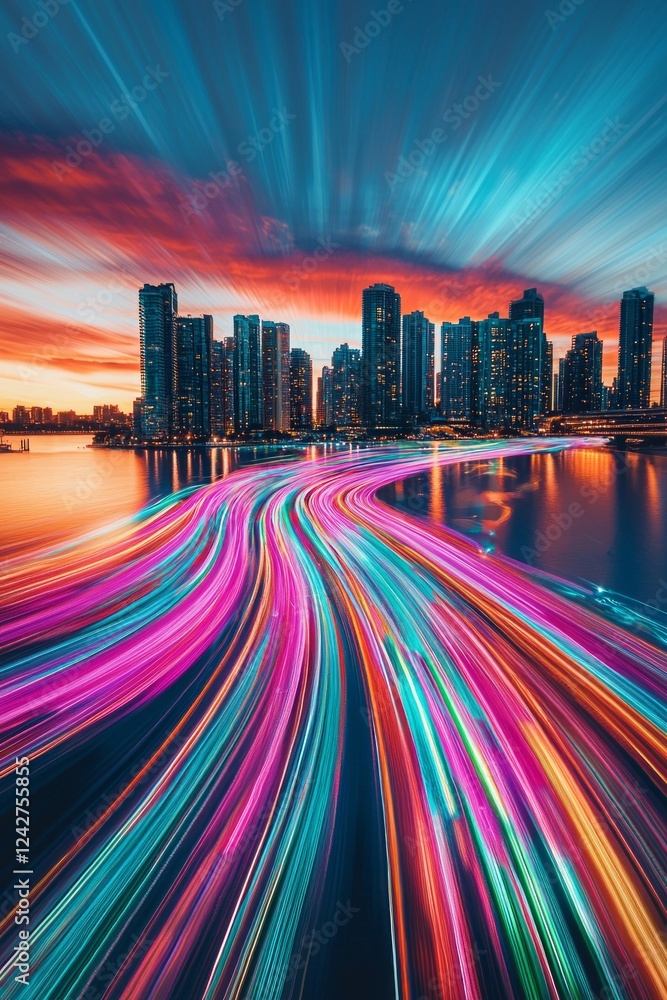 Obraz premium A river with colorful light trails flowing over the water, symbolizing fast performance and speed in technology. The background is a city at sunrise. The colors of reds, blues, oranges, and yellows