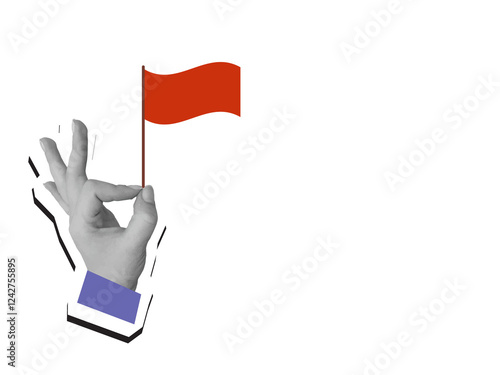 Cuadro en lienzo Hand holding a red flag, composition with a place for text