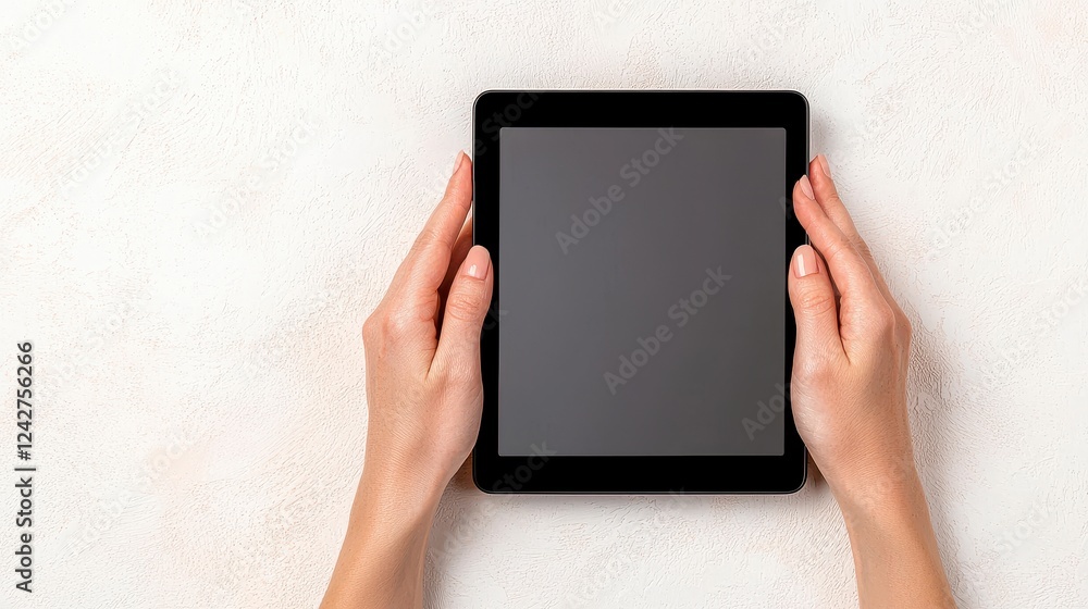 Overhead View of Hands Holding Black Tablet on White Textured Background Overhead View of Hands Holding Black Tablet on White Textured Background