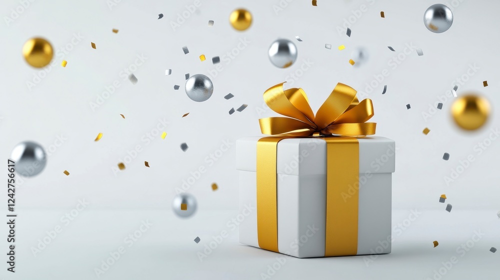 White Gift Box with Golden Ribbon and Colorful Confetti Falling White Gift Box with Golden Ribbon and Colorful Confetti Falling