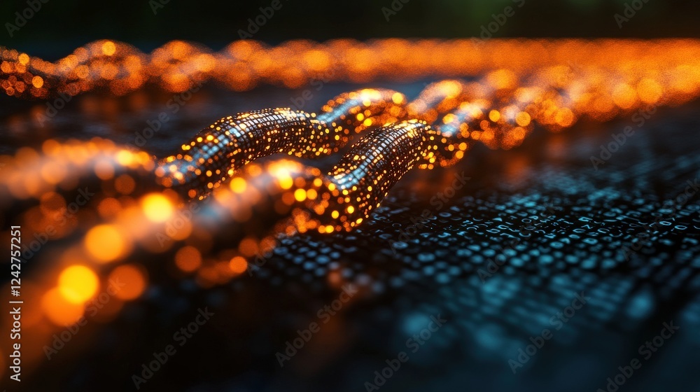 Abstract representation of a glowing digital chain link with vibrant particles in a dark background Abstract representation of a glowing digital chain link with vibrant particles in a dark background