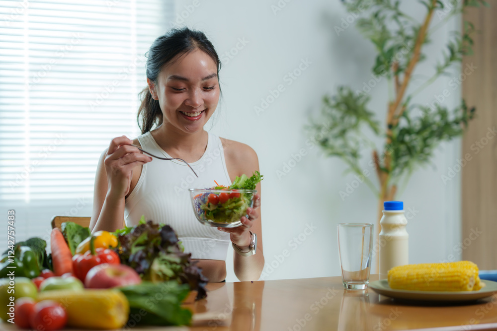 Happy young asian woman eating a healthy salad for breakfast or lunch, sitting at the table in a bright modern kitchen, enjoying fresh organic vegetables and healthy lifestyle Happy young asian woman eating a healthy salad for breakfast or lunch, sitting at the table in a bright modern kitchen, enjoying fresh organic vegetables and healthy lifestyle