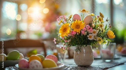 A vibrant vase filled with sunflowers and delicate blooms sits on a cozy table adorned with pastel Easter eggs. Warm sunlight filters through, creating an inviting atmosphere for spring celebrations