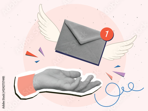 Hand with paper envelope with wings and  note indicating that the letter has been read. Modern collage style. Vector illustration