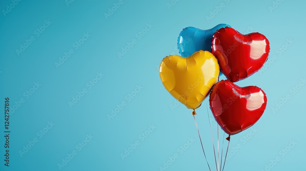 Colorful heart-shaped balloons float against a blue background, creating a cheerful and festive atmosphere. Colorful heart-shaped balloons float against a blue background, creating a cheerful and festive atmosphere.