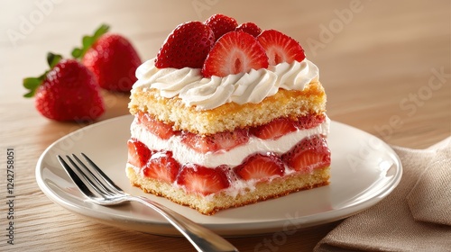 A delicious slice of strawberry shortcake topped with whipped cream and fresh strawberries, served on a plate with a fork.