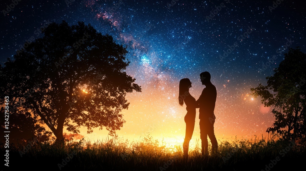 A romantic silhouette of a couple against a starry sky during sunset, symbolizing love and connection in a serene natural setting. A romantic silhouette of a couple against a starry sky during sunset, symbolizing love and connection in a serene natural setting.