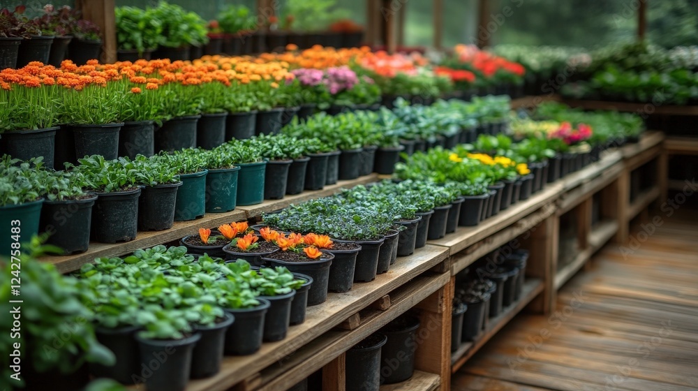 Fototapeta premium Vibrant display of potted flowers and plants in a greenhouse with natural light shining through