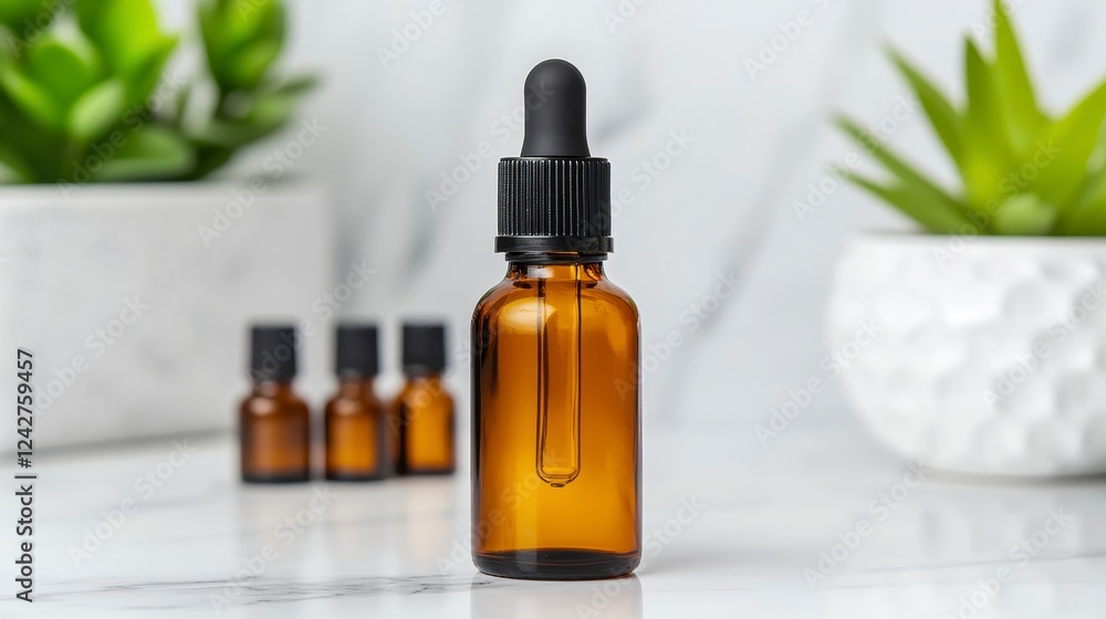Glass dropper bottle on marble surface with green plants in background Glass dropper bottle on marble surface with green plants in background