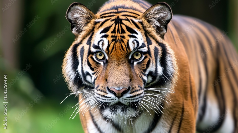 Fototapeta premium Majestic Tiger Staring Intently in Lush Green Environment