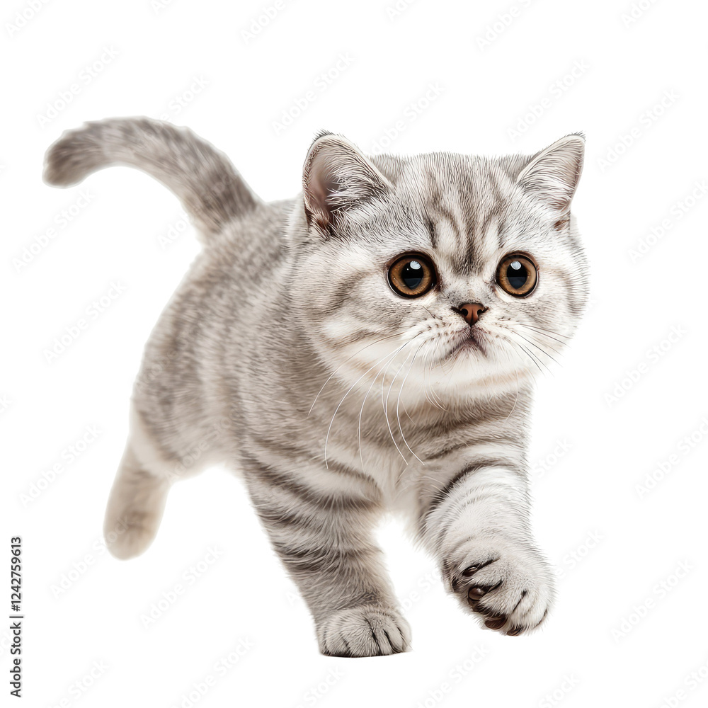 Obraz premium Playful Shorthair Cat in Motion Against a Clean White Studio Background