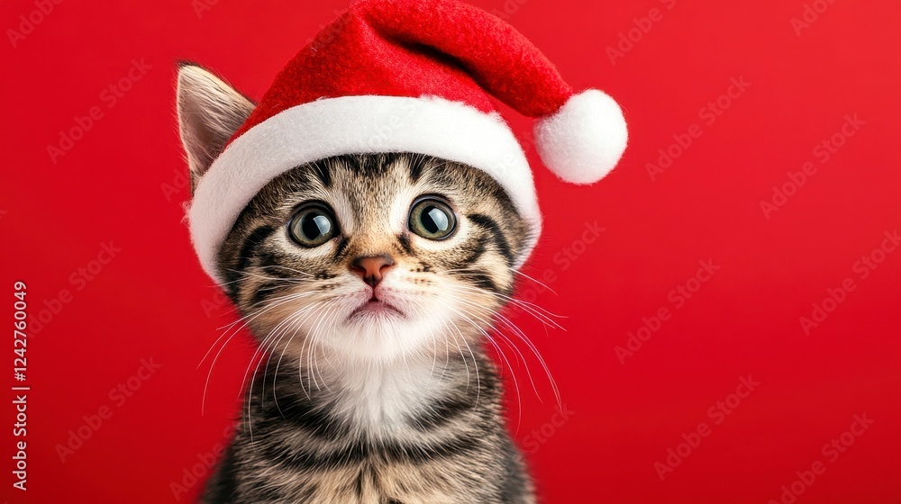 Cute Kitten Wearing Santa Hat on Red Background for the Holidays Cute Kitten Wearing Santa Hat on Red Background for the Holidays
