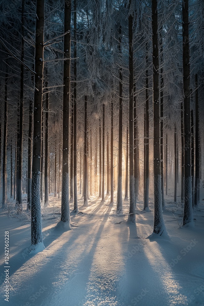 A serene winter forest scene with tall pine trees covered in snow, the sunlight filtering through them creating long shadows on the ground, creating an atmosphere of tranquility and magical A serene winter forest scene with tall pine trees covered in snow, the sunlight filtering through them creating long shadows on the ground, creating an atmosphere of tranquility and magical
