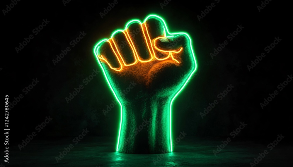 A striking neon green fist symbolizing empowerment and resistance, perfect for Black History Month campaigns, modern art displays, or social justice events. A striking neon green fist symbolizing empowerment and resistance, perfect for Black History Month campaigns, modern art displays, or social justice events.
