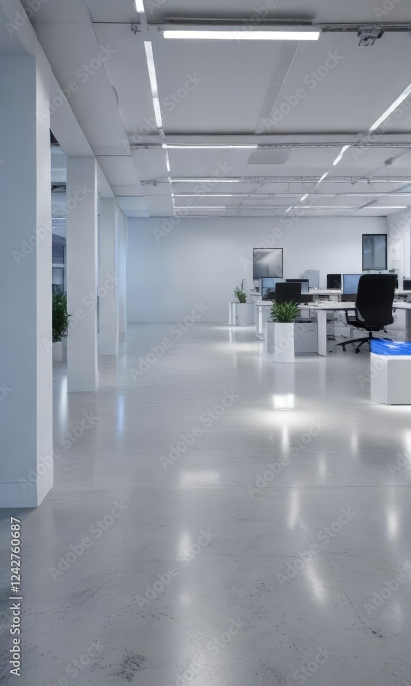 White and blue LED lighting in an open office, open space, blue glow, modern office lighting White and blue LED lighting in an open office, open space, blue glow, modern office lighting