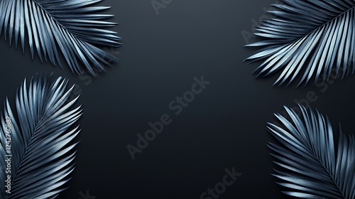 Dark blue palm leaves frame on black background.