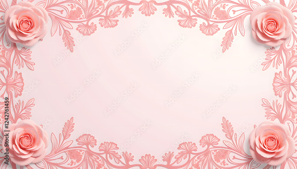 Lace wedding border, Elegant floral frame design with pink roses on soft gradient background Lace wedding border, Elegant floral frame design with pink roses on soft gradient background