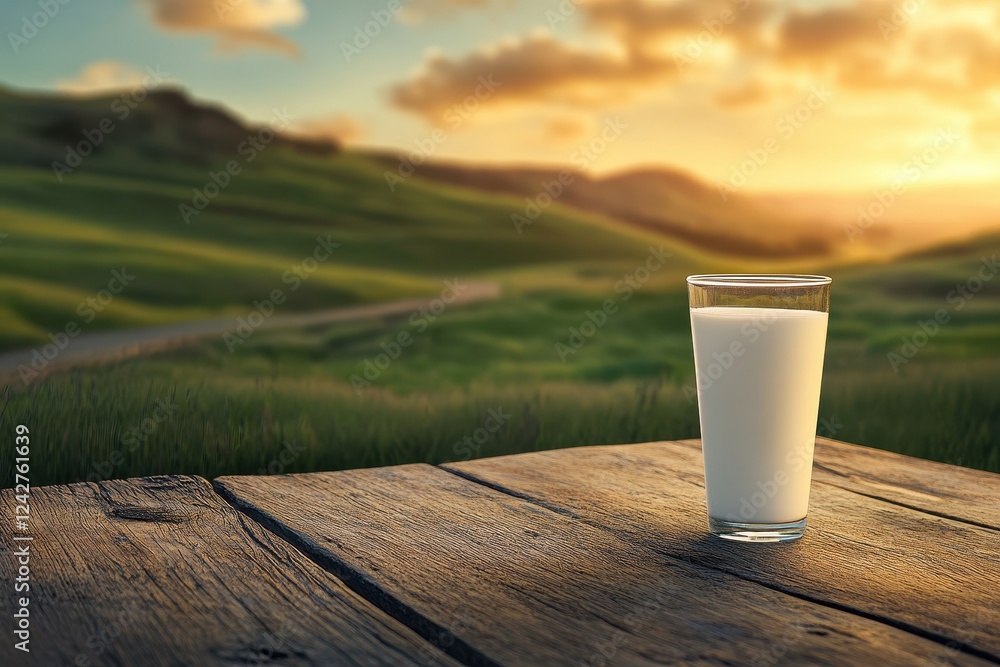 Glass of Milk on Wooden Table with Scenic Background of Lush Green Hills and Sunset Sky Glass of Milk on Wooden Table with Scenic Background of Lush Green Hills and Sunset Sky