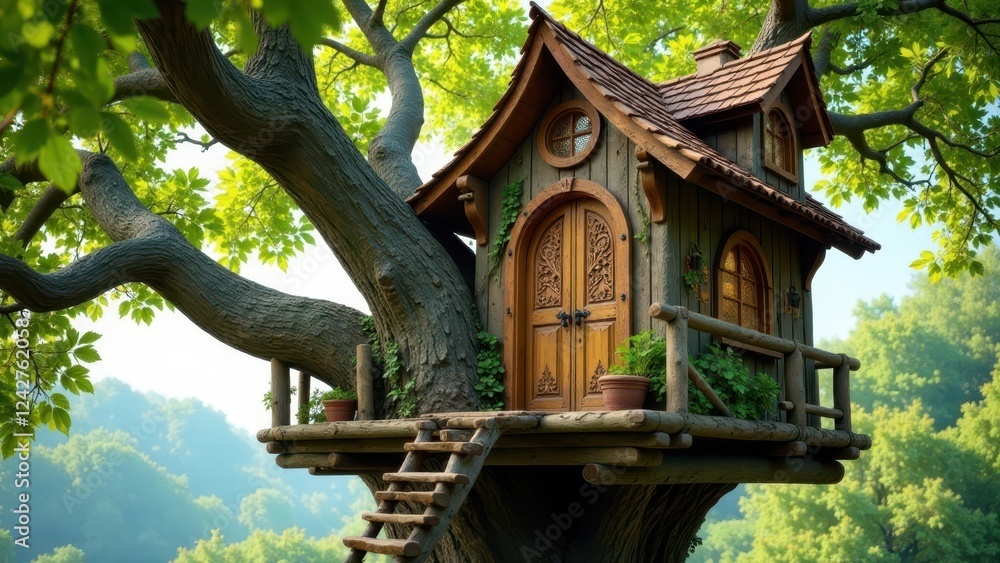 A Charming Wooden Treetop House with Intricate Carved Doors and a Rustic Wooden Staircase Nestled Among Lush Green Foliage A Charming Wooden Treetop House with Intricate Carved Doors and a Rustic Wooden Staircase Nestled Among Lush Green Foliage