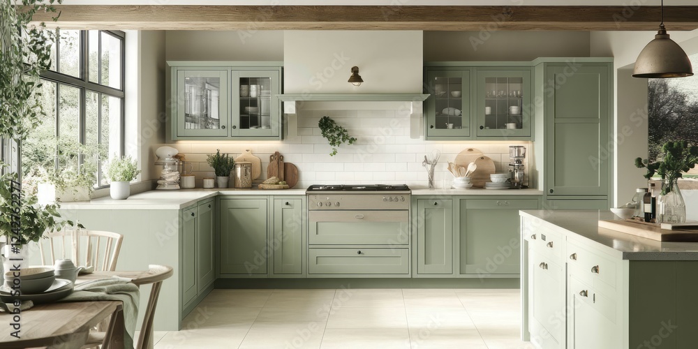 Elegant Sage Green Kitchen With Rustic Wooden Beams Elegant Sage Green Kitchen With Rustic Wooden Beams