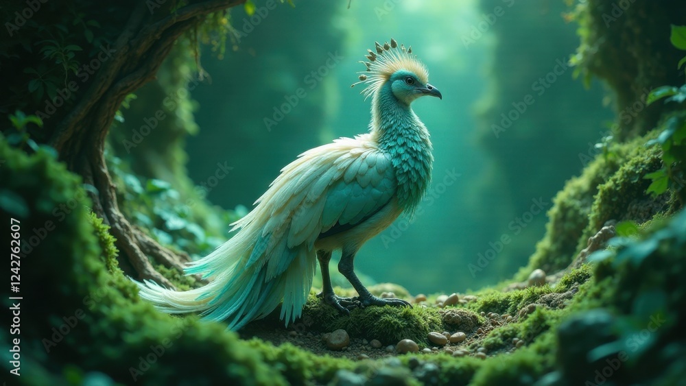 Enchanted Forest Bird A Serene Teal and White Avian Amidst Lush Greenery Enchanted Forest Bird A Serene Teal and White Avian Amidst Lush Greenery