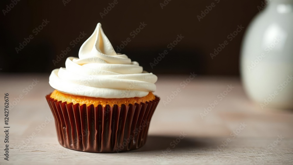 Whipped cream topping on a brown and white cupcake with a subtle sheen, whipped cream topping, sweet desserts Whipped cream topping on a brown and white cupcake with a subtle sheen, whipped cream topping, sweet desserts