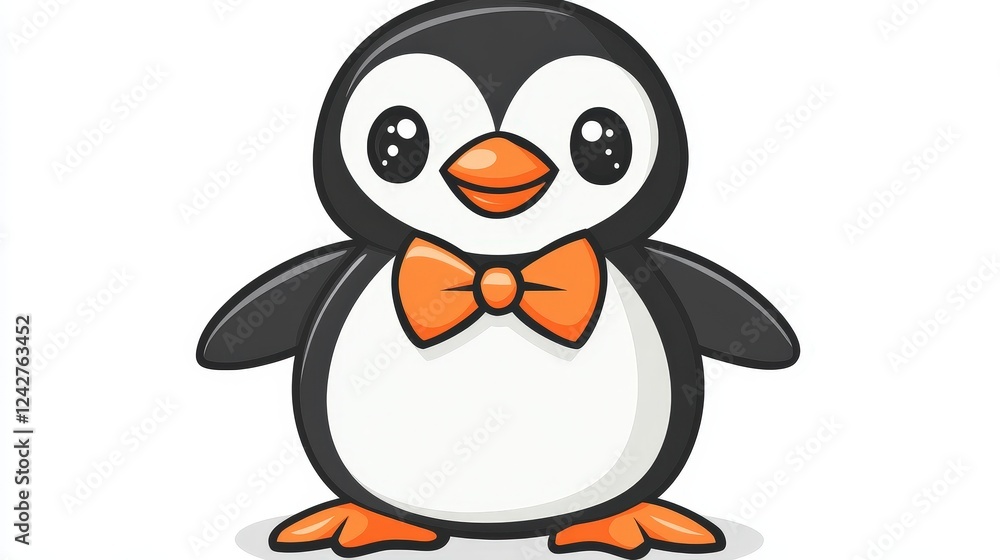 Naklejka premium Charming Bow-Tie Penguin: An adorable cartoon penguin, sporting a cheerful orange bow tie, stands ready to charm. This delightful illustration is perfect for children's books, websites.