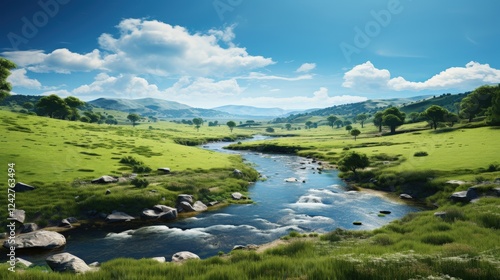Serene Winding River Through Lush Green Landscape Under Clear Blue Sky with Fluffy White Clouds and Rolling Hills in the Background