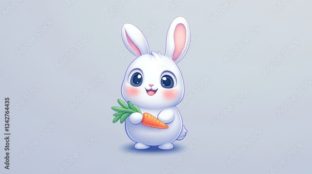 Fototapeta premium Adorable Bunny with Carrot: A charming digital illustration of a cute white bunny with big eyes holding a fresh green carrot. Perfect for children's books, greeting cards.