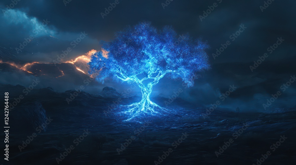 Glowing Blue Tree in a Volcanic Landscape Glowing Blue Tree in a Volcanic Landscape