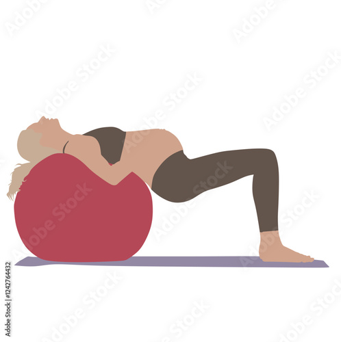 Pregnancy workout with fitness ball. Pregnant woman does sport exercises, training. Expectant mother, girl with belly practices pilates. Flat isolated vector illustration on white