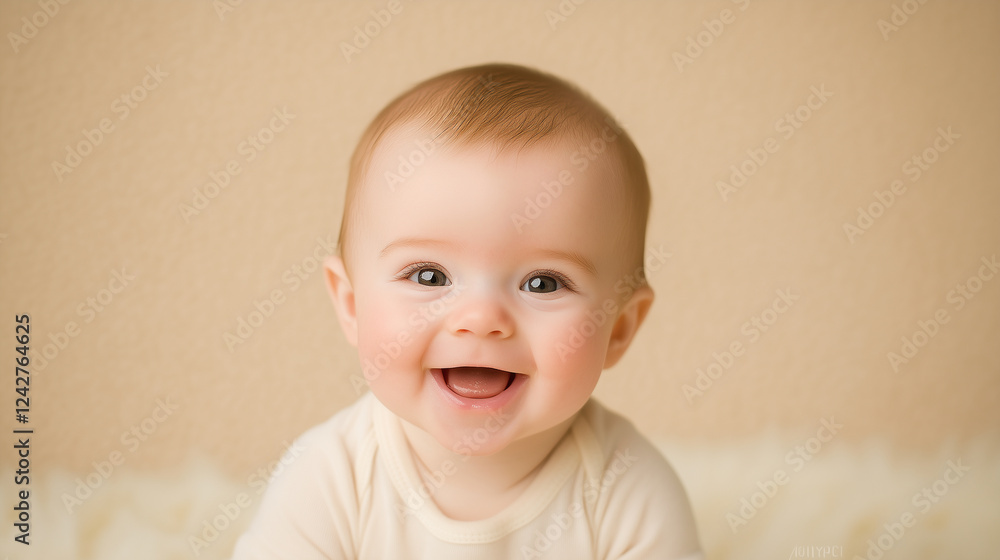 Charming Baby in Onesie with Bright Smile, Chubby Cheeks, and Shining Eyes Against Light Background. charming baby, big smile, chubby cheeks, onesie, sparkling eyes, light airy bac Charming Baby in Onesie with Bright Smile, Chubby Cheeks, and Shining Eyes Against Light Background. charming baby, big smile, chubby cheeks, onesie, sparkling eyes, light airy bac