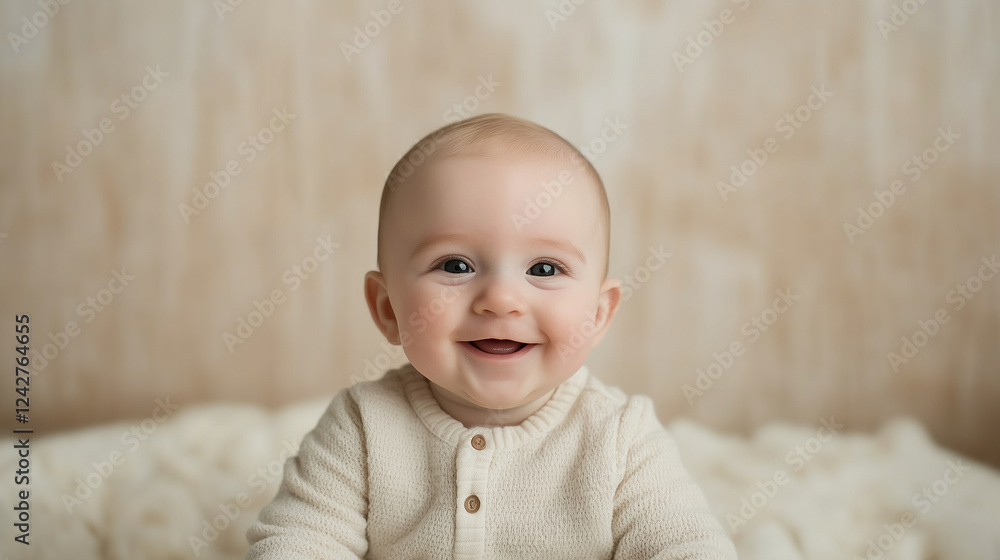 Charming Baby in Onesie with Bright Smile, Chubby Cheeks, and Shining Eyes Against Light Background. charming baby, big smile, chubby cheeks, onesie, sparkling eyes, light airy bac Charming Baby in Onesie with Bright Smile, Chubby Cheeks, and Shining Eyes Against Light Background. charming baby, big smile, chubby cheeks, onesie, sparkling eyes, light airy bac