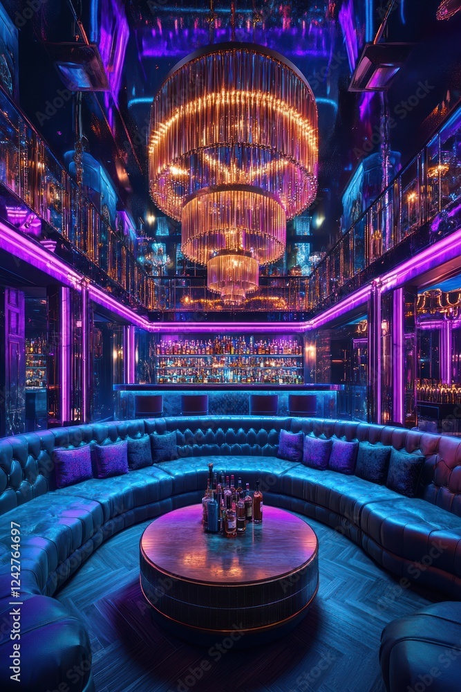 Obraz premium Luxurious lounge, purple lighting, circular seating, bar backdrop, nightlife