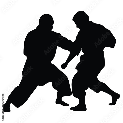 Fight between two aikido fighters vector illustration. Sparring on training action. Traditional self defense skills, martial art exercising concept. Aikido practice pose. Sparing duel demonstration.