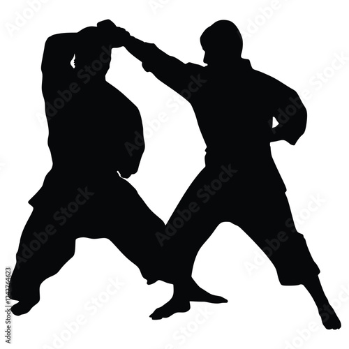 Fight between two aikido fighters vector illustration. Sparring on training action. Traditional self defense skills, martial art exercising concept. Aikido practice pose. Sparing duel demonstration.