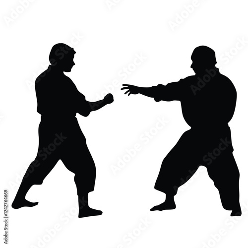 Fight between two aikido fighters vector illustration. Sparring on training action. Traditional self defense skills, martial art exercising concept. Aikido practice pose. Sparing duel demonstration.