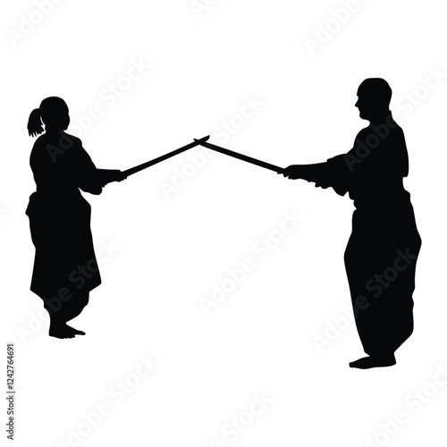 Fight between two aikido fighters vector illustration. Sparring on training action. Traditional self defense skills, martial art exercising concept. Aikido practice pose. Sparing duel demonstration.