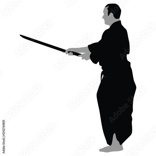 A man demonstrating Aikido . Inscription on illustration of Aikido. Warriors with the sword Silhouette, Vector illustration
