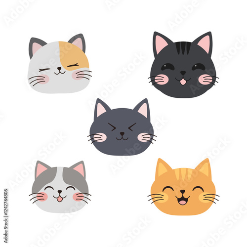 Set of Adorable Cat Kitten Head Mascot Cartoon Character with Happy Expression